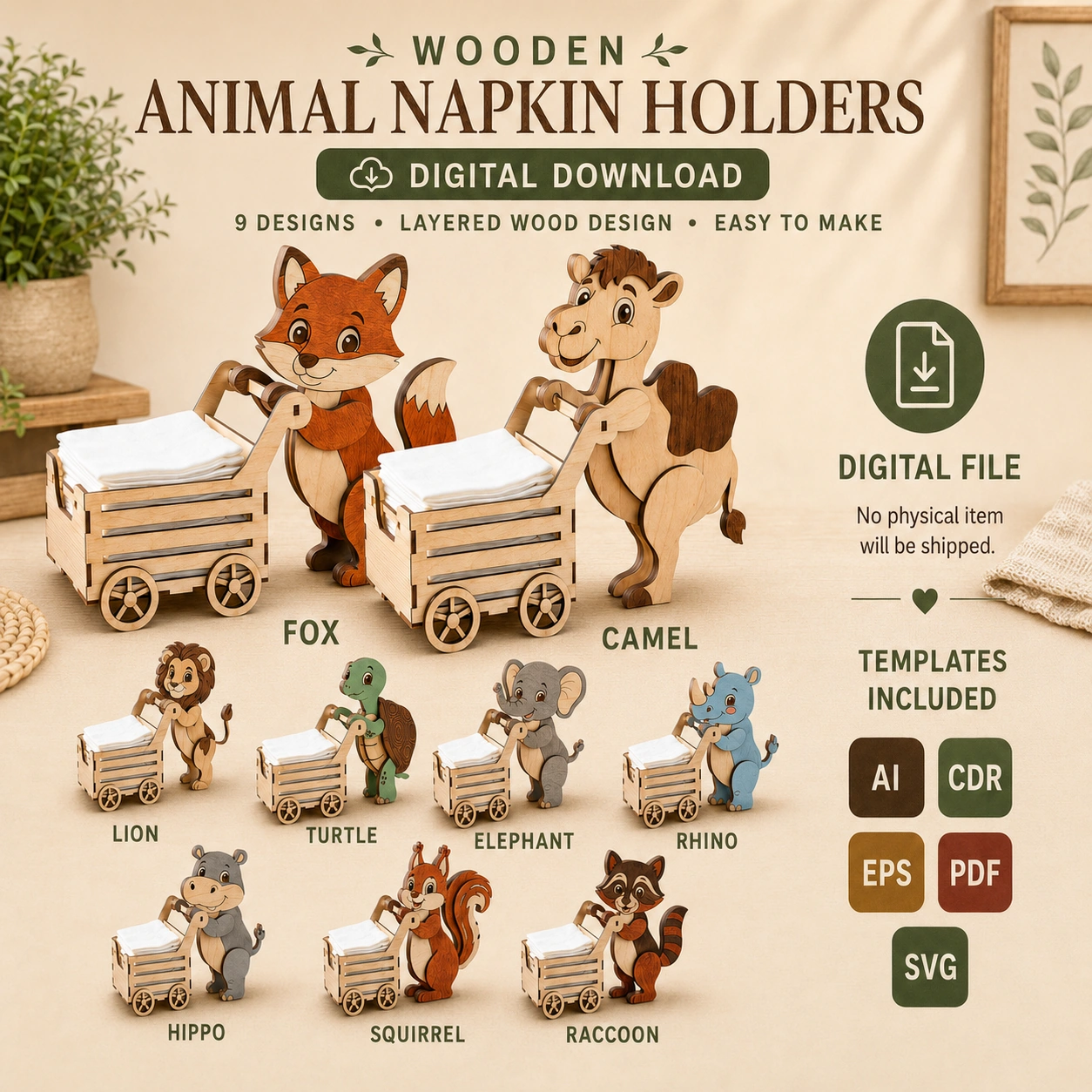 Assorted laser cut wooden animal napkin holders in fox, camel, turtle, lion, elephant, rhino, hippo, squirrel, and raccoon designs