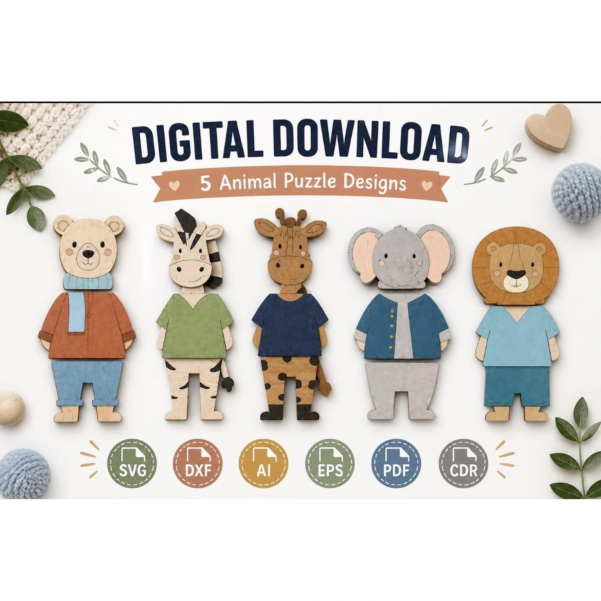 Five wooden animal puzzles with bear zebra giraffe elephant and lion designs