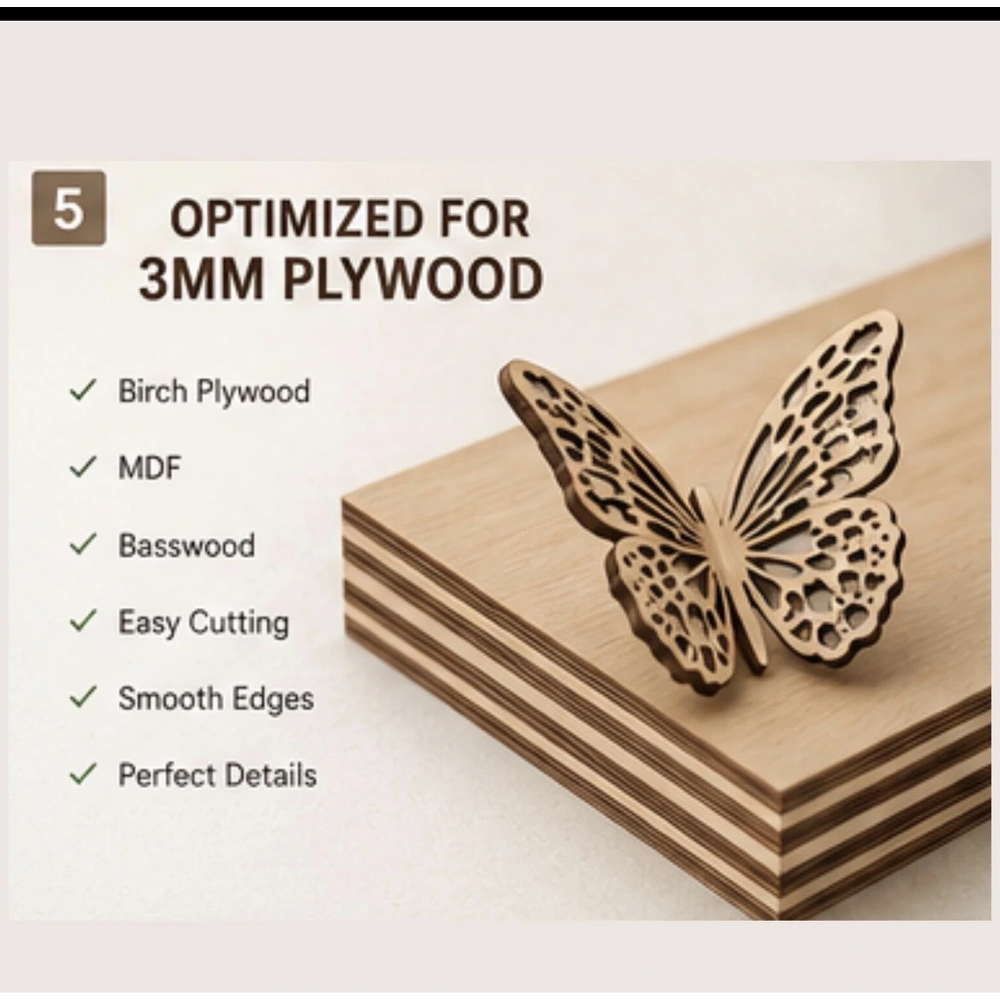 Layered wooden butterfly decoration cut from 3 millimeter plywood