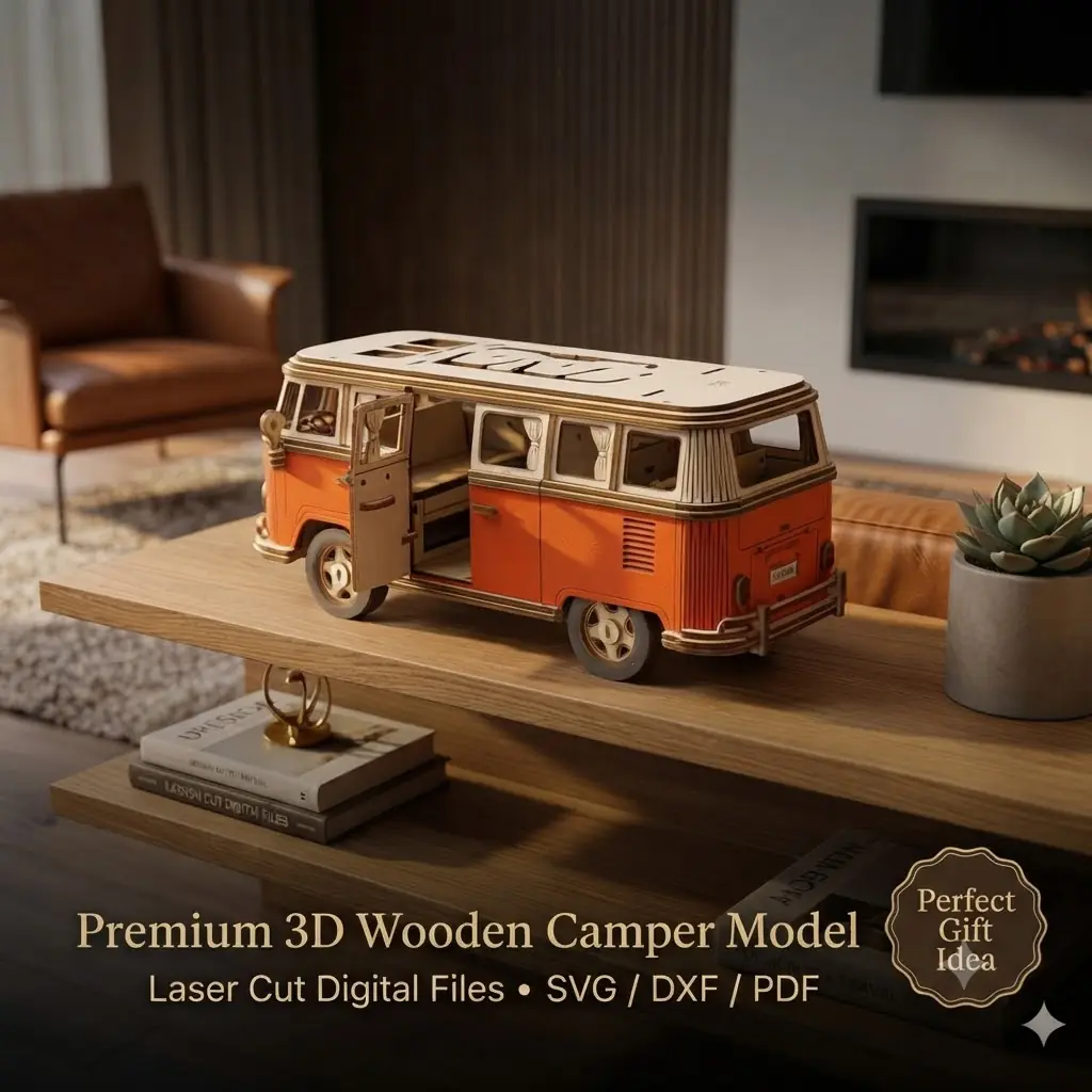 Premium 3D wooden camper van model made from laser cut digital files