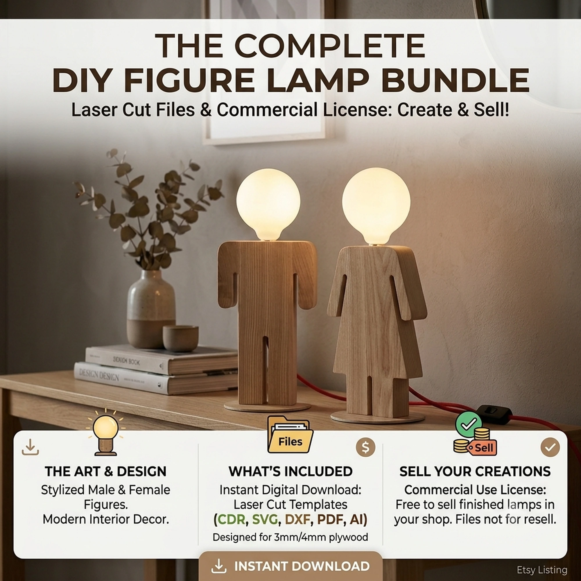 Male and female wooden figure desk lamps with glowing round bulbs