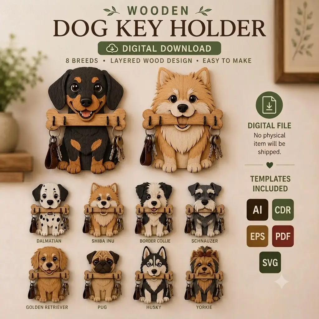 Wooden dog key holder laser cut template bundle with eight dog breed designs