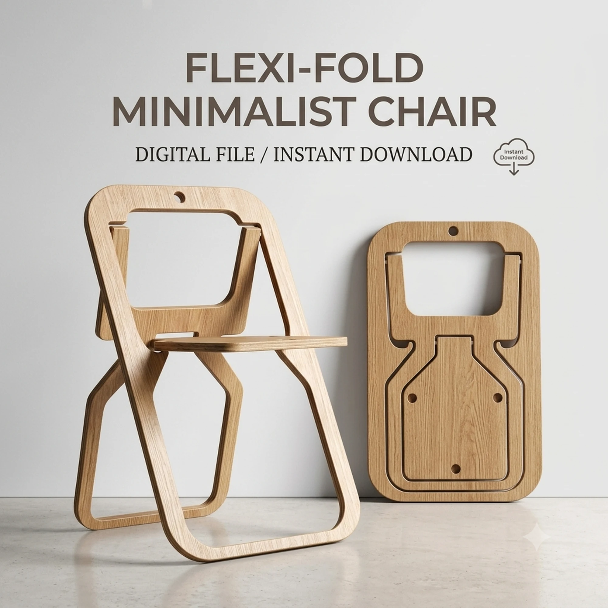 Flexi-Fold minimalist plywood chair shown assembled and folded flat