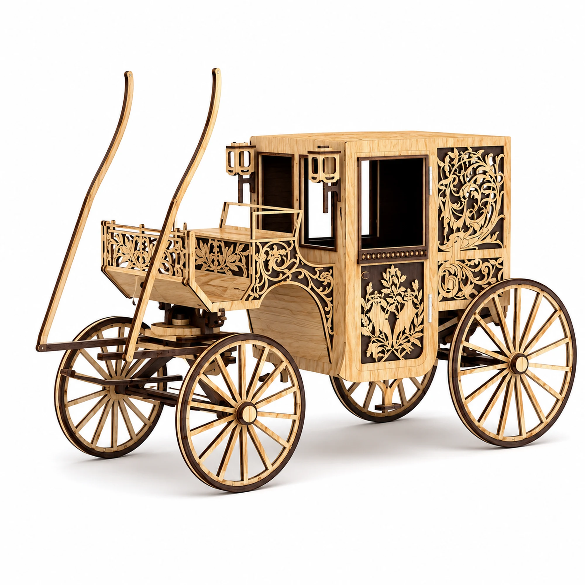 Ornate floral carriage model made from laser cut plywood