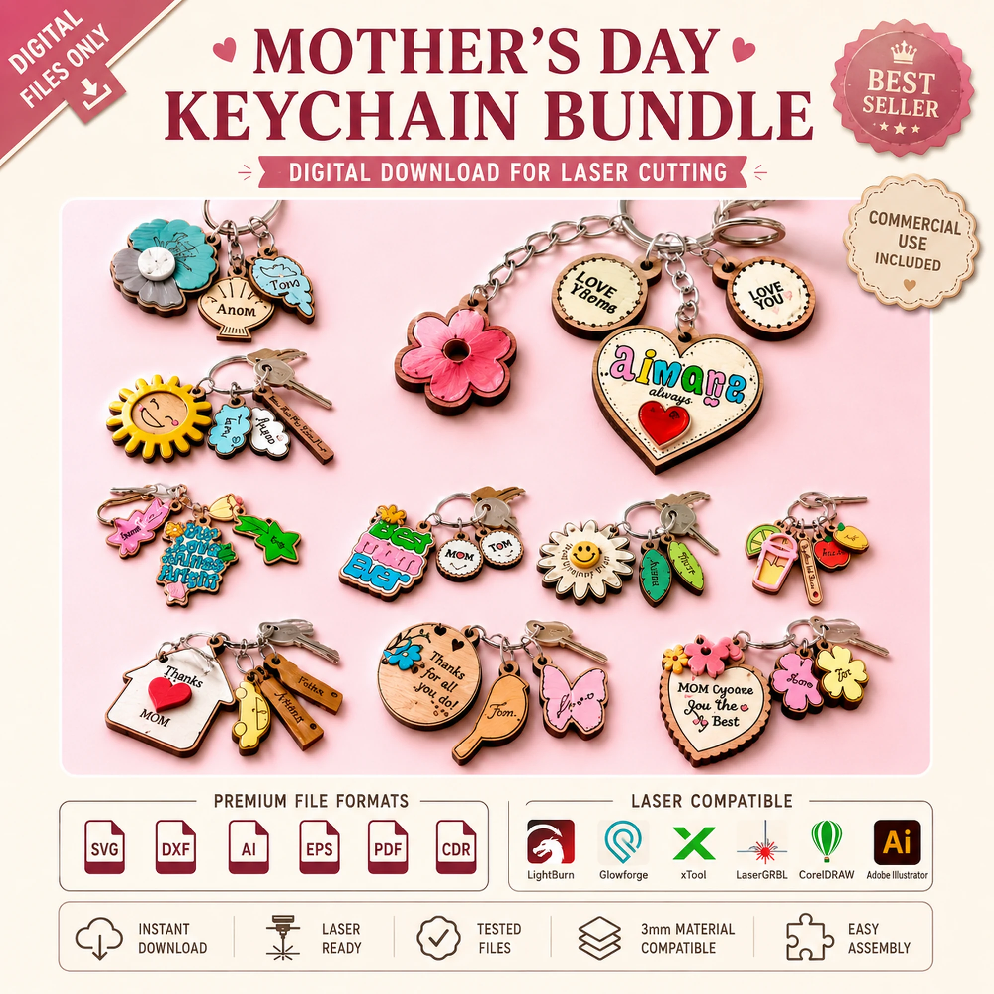 Mother's Day wooden keychain bundle with flowers hearts family messages and personalized tags