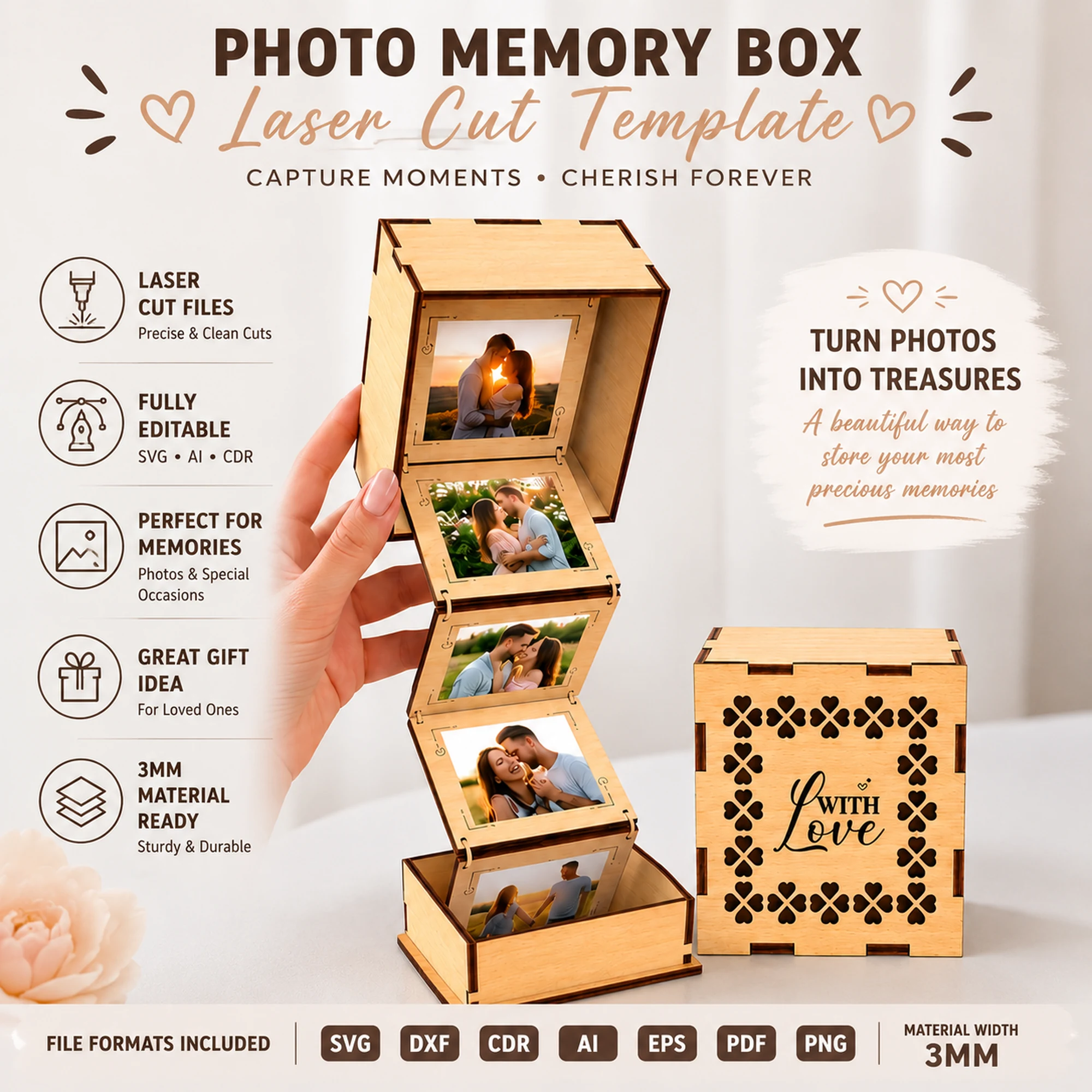 Wooden exploding photo memory box with pull-out photo panels and With Love engraving