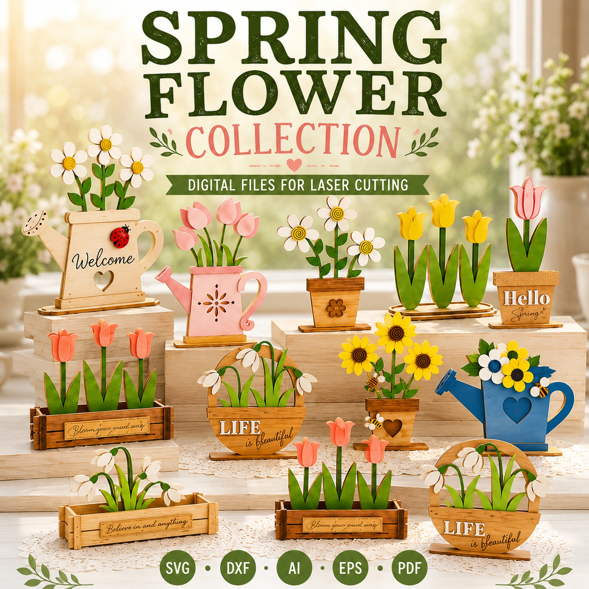 Spring flower laser cut collection with tulips daisies sunflowers and snowdrops
