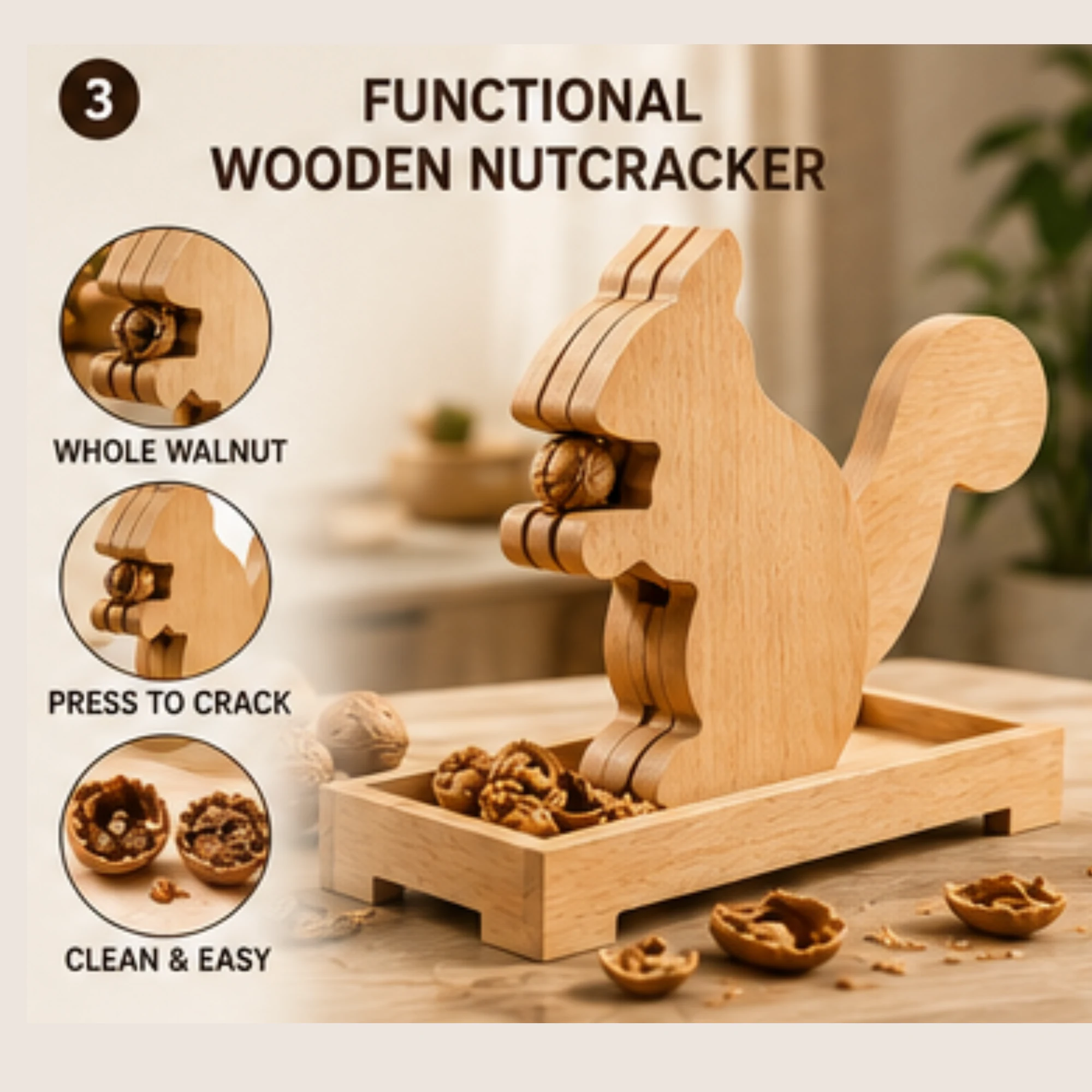 Functional squirrel-shaped wooden nutcracker made from laser cut plywood