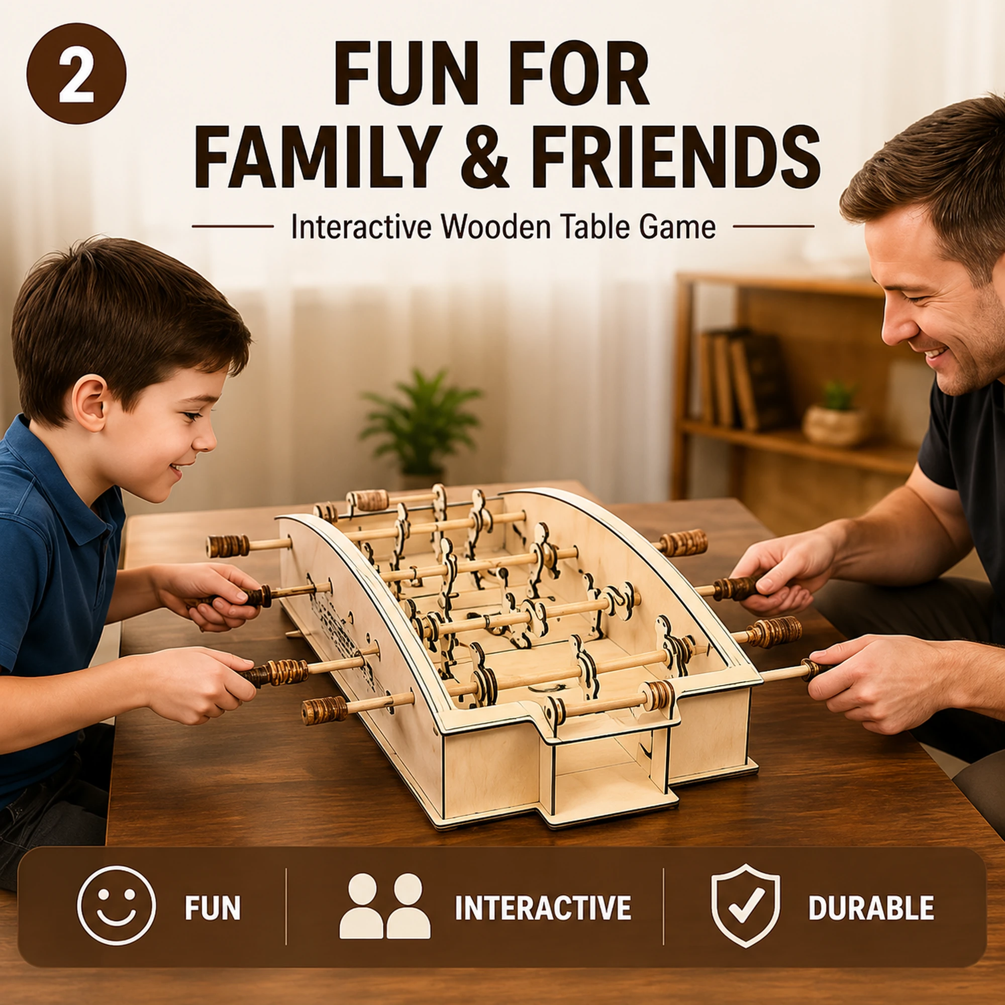 Playable wooden tabletop foosball game assembled from laser cut plywood