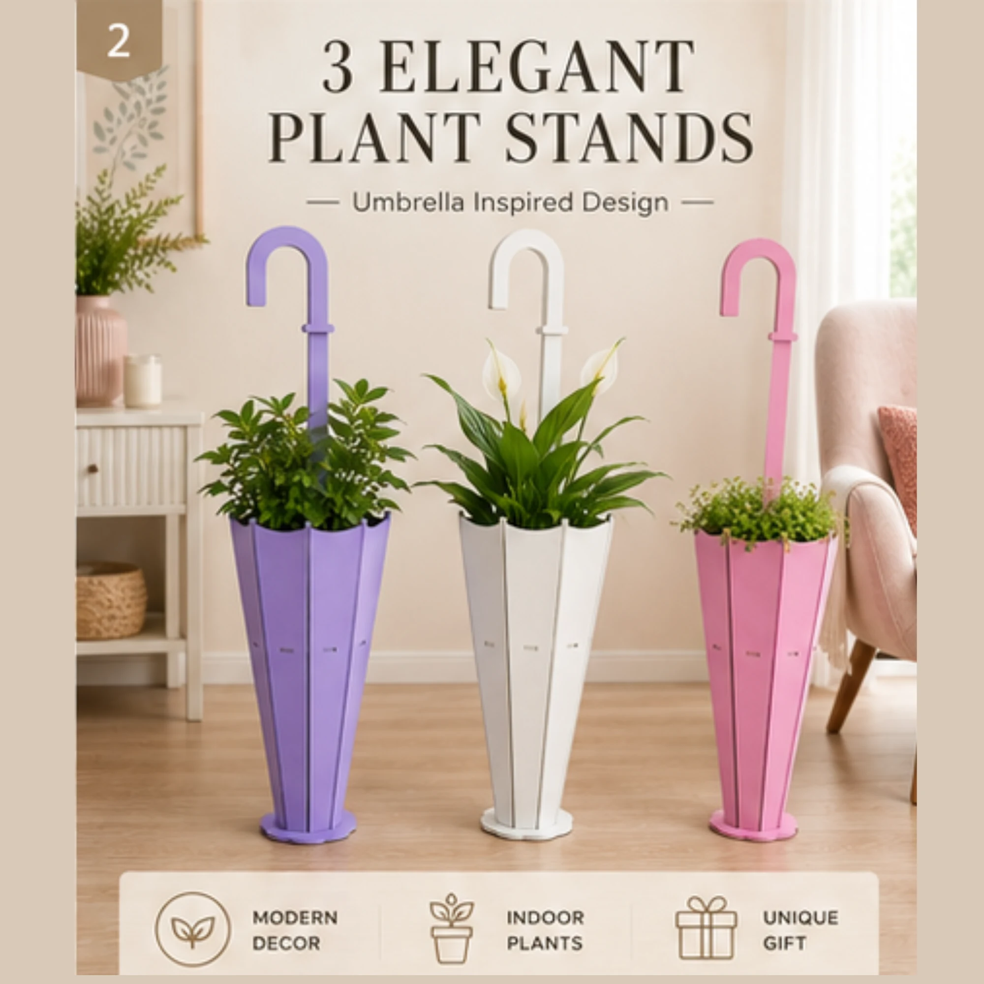 Three umbrella-shaped indoor plant stands in purple white and pink