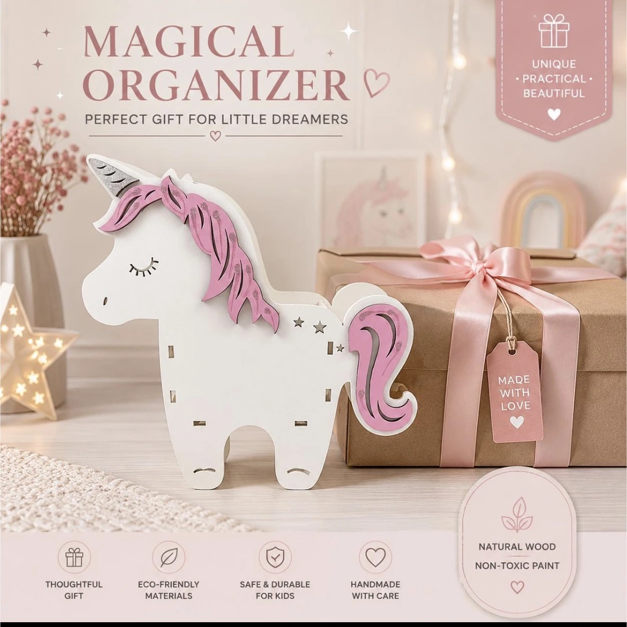 White and pink wooden unicorn desk organizer displayed beside a gift box