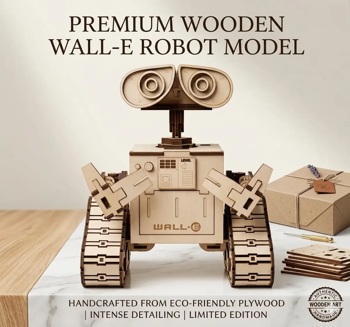 Detailed 3D wooden Wall-E style robot model made from laser cut plywood