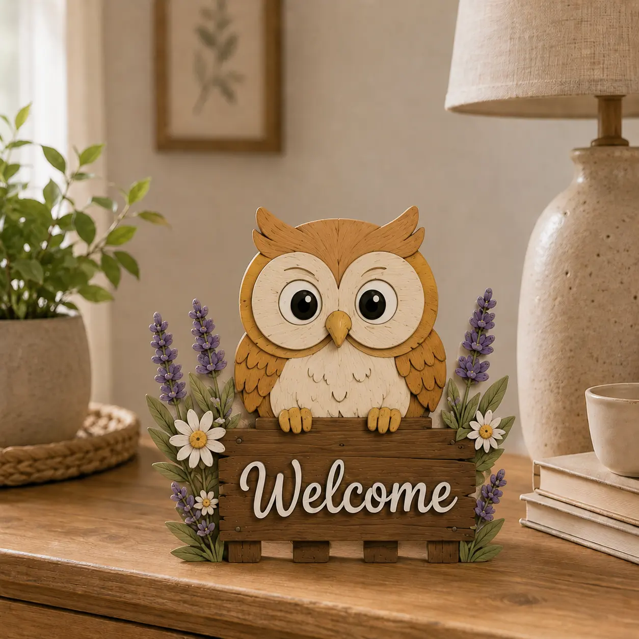 Layered wooden owl welcome sign made from laser-cut plywood