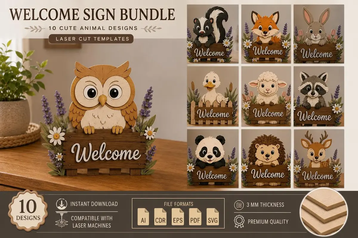 Welcome sign laser cut bundle featuring ten cute layered wooden animal designs