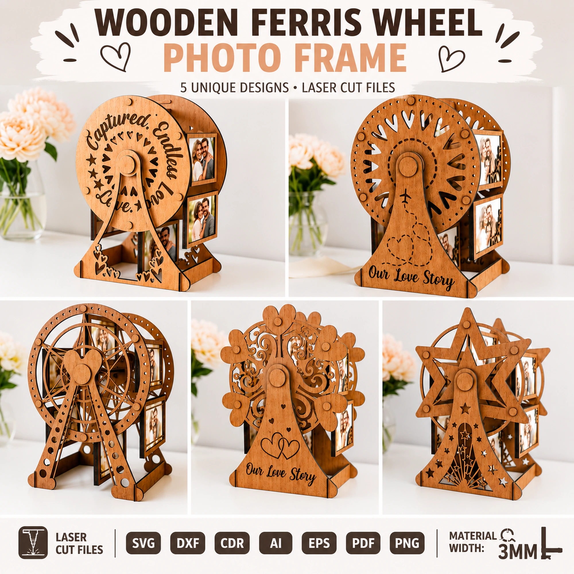 Five wooden Ferris wheel photo frame laser cut designs with rotating picture holders